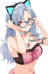  absurdres animal_ear_headphones animal_ears axent_wear bare_arms bare_shoulders black-framed_eyewear blush breasts cat_ear_headphones cleavage commission crop_top fake_animal_ears female glasses grey_hair hands_up headphones highres jewelry long_hair looking_at_viewer medium_breasts midriff mole mole_under_eye navel necklace nigi_(ngmnoym) original parted_bangs parted_lips pink_shirt shirt simple_background skeb_commission sleeveless sleeveless_shirt solo spaghetti_strap stomach strap_slip upper_body white_background yellow_eyes 