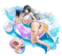  absurdres afloat anklet arm_strap ass bag_of_chips ball barefoot beachball belt black_belt black_hair blue_shorts breasts can chips_(food) choyeon commentary cutoffs denim denim_shorts drink_can english_commentary feet female flower food food_in_mouth green_eyes hair_between_eyes hair_flower hair_ornament handheld_game_console headphones heart highres holding holding_handheld_game_console innertube jewelry large_breasts light_blush long_hair looking_at_viewer lotion lying micro_shorts mouth_hold on_side on_water original shirt shorts skindentation sleeveless sleeveless_shirt soda_can soles solo sunscreen swim_ring thigh_strap tied_shirt toes underboob very_long_hair water water_drop wet yellow_flower 