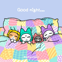  amayakasuneko ambiguous_gender closed_eyes clothing domestic_cat english_text felid feline felis group mammal mojacookie nagameruneko official_art pajamas pillow shikaruneko shikaruneko_(series) sleeping text under_covers whiskers 