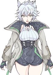  animal_ears breasts cat_ears cat_girl chest_jewel clothing_cutout core_crystal_(xenoblade) crystal diamond_cutout female fingerless_gloves gloves high-waist_shorts highres large_breasts looking_at_viewer messy_hair na&#039;el_(xenoblade) romper short_hair short_shorts shorts simple_background solo thighhighs thighs ug333333 xenoblade_chronicles_(series) xenoblade_chronicles_3 xenoblade_chronicles_3:_future_redeemed yellow_eyes 