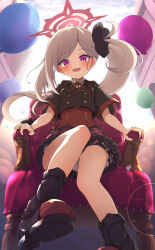  absurdres balloon black_coat black_flower black_footwear blue_archive boots coat female flower frilled_skirt frills from_below fumi_(fumibeing) grey_hair hair_flower hair_ornament halo hand_on_chair highres leg_up legband looking_at_viewer mesugaki mutsuki_(blue_archive) neck_ribbon on_chair open_mouth purple_eyes red_halo red_ribbon red_skirt ribbon short_sleeves side_ponytail sitting skirt 