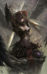  angel_wings arm_behind_back arm_up armor bad_bcy_id bad_id black_scarf blonde_hair blue_eyes boobplate bracelet breasts chinese_commentary cleavage cliff closed_mouth commentary_request detached_sleeves eyelashes fantasy faulds feathered_wings female floating_hair frills full_body guyu_(bcy_929) holding holding_behind_back holding_sword holding_weapon jewelry kneeling large_breasts long_hair long_sleeves looking_ahead navel original pantyhose pink_lips purple_pantyhose red_sleeves scarf shield signature smile solo stomach storm sword weapon white_wings wings 