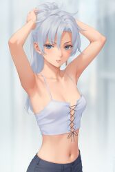  a_(xenoblade) adjusting_hair alternate_costume armpits arms_up black_pants black_ribbon blue_eyes blurry blurry_background blush breasts casual collarbone crop_top cross-laced_clothes earrings female grey_hair highres jewelry long_hair looking_at_viewer midriff miura-n315 navel pants parted_lips ponytail ribbon single_earring sleeveless small_breasts solo upper_body xenoblade_chronicles_(series) xenoblade_chronicles_3 xenoblade_chronicles_3:_future_redeemed 