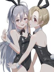  2girls animal_ears arm_up bare_shoulders black_bow black_bowtie black_leotard blonde_hair blush bow bowtie braid brown_eyes commentary_request detached_collar fake_animal_ears fake_tail grey_eyes grey_hair hair_between_eyes hair_over_one_eye highres hoshi_syoko idolmaster idolmaster_cinderella_girls kabocha_don leotard long_hair looking_at_viewer multiple_girls open_mouth playboy_bunny rabbit_ears rabbit_tail sharp_teeth shirasaka_koume short_hair simple_background single_braid strapless strapless_leotard tail teeth very_long_hair w white_background white_wrist_cuffs wrist_cuffs 