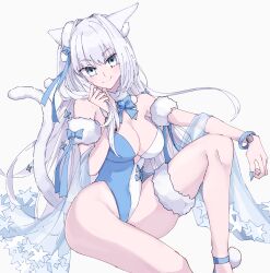  animal_ears bare_shoulders blue_eyes blue_leotard blush bracelet breasts cat_ears cat_girl cat_tail cleavage detached_collar dobrynya_nikitich_(fate) dobrynya_nikitich_(swimsuit_lancer)_(fate) fate/grand_order fate_(series) female fur_collar hair_ribbon highleg highleg_leotard highres jewelry large_breasts leotard long_hair looking_at_viewer ribbon sash sitting smile solo tail thighs two-tone_leotard white_hair white_leotard yamamon_0 