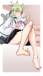  absurdres animal_ears barefoot blouse breasts cake cat_ears cat_girl cat_tail ceres_fauna ceres_fauna_(jirai_kei) choker cleavage cup female food full_body green_hair hair_ribbon highres holding holding_cup hololive hololive_english large_breasts long_hair mole mole_under_eye nail_polish official_alternate_costume pink_nails punpond ribbon shirt sitting skirt smile solo suspender_skirt suspenders tail teacup toes twintails virtual_youtuber yellow_eyes 