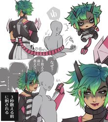  2girls alter_(apex_legends) animification apex_legends arrow_(symbol) bald bald_girl black_sclera bodysuit breasts chibi chibi_inset collarbone colored_sclera faceless faceless_female green_hair grey_bodysuit highres holding holding_knife knife looking_to_the_side mechanical_tail medium_breasts multiple_girls multiple_views open_mouth red_lips ritomidi short_hair tail translation_request v-shaped_eyebrows white_eyes 