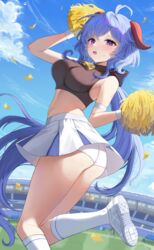  absurdres alternate_costume armband armpit_crease ass bell blue_hair blue_sky breasts cheerleader commentary crop_top female foot_out_of_frame ganyu_(genshin_impact) genshin_impact goat_horns highres horns kuuhaku_(wutt5584) large_breasts long_hair looking_at_viewer looking_back miniskirt neck_bell open_mouth outdoors panties pom_pom_(cheerleading) purple_eyes shoe_soles shoes sidelocks skirt sky socks solo stadium sweatdrop underwear very_long_hair white_armband white_footwear white_panties white_skirt white_socks 