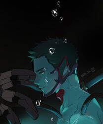  2boys ao_isami bbv_sa_153 black_background black_hair bravern bubble cable chin_guard collarbone commentary_request dated from_side highres male_focus mecha multiple_boys out_of_frame parted_lips portrait profile robot short_hair twitter_username yuuki_bakuhatsu_bang_bravern 