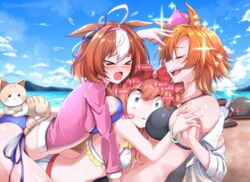  &gt;_&lt; 4girls agnes_digital_(umamusume) ahoge alternate_breast_size animal_ears animal_on_ass asymmetrical_docking beach between_breasts bikini black_bikini blue_bikini blue_sky blush bow breast_press breasts brown_hair brown_hat closed_eyes cloud cloudy_sky commentary_request crown ear_ornament ear_ribbon feline g_(genesis1556) gold_ship_(umamusume) hair_between_eyes hat head_between_breasts highres holding_hands horse_ears horse_girl horse_tail large_breasts medium_breasts meisho_doto_(umamusume) meto_(cat) multicolored_hair multiple_girls ocean on_ass open_mouth orange_hair outdoors parted_lips pillbox_hat purple_eyes red_bow sand short_hair side-tie_bikini_bottom sky smile sparkle streaked_hair swimsuit t.m._opera_o_(umamusume) tail teeth umamusume upper_teeth_only water white_hair 