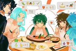  4boys anger_vein black_hair black_shirt blue_eyes blue_hair brown_hair cake cake_slice chewing chinese_commentary closed_eyes closed_mouth commentary_request enomoto_noa female food green_hair green_sleeves grin hair_bobbles hair_ornament heart isoi_haruki isoi_reiji_(rei-kun) juw10 long_hair long_sleeves multiple_boys one_eye_closed origin_alpha parted_bangs raglan_sleeves red_eyes saibou_shinkyoku shirt short_sleeves sleeves_past_fingers sleeves_past_wrists smile spoken_emoji spoken_heart sushi sweater turtleneck turtleneck_sweater utsugi_noriyuki white_shirt white_sweater 