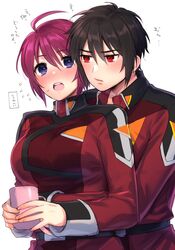  1boy ahoge blush breasts couple cup female gundam gundam_seed gundam_seed_freedom holding holding_cup hug hug_from_behind long_sleeves lunamaria_hawke military military_uniform momo_uzura open_mouth purple_eyes red_eyes red_hair shinn_asuka short_hair sweatdrop uniform 