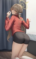  absurdres ass black_skirt blue_archive blush feet_out_of_frame female floor gileu hair_between_eyes halo hifumi_(blue_archive) highres indoors kneeling light_brown_hair long_hair long_sleeves looking_at_viewer looking_back low_twintails open_mouth red_sweater skirt solo sweater twintails yellow_eyes yellow_halo 