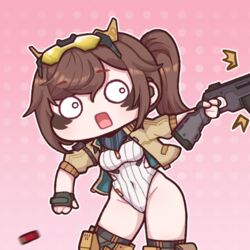  breasts brown_hair bulga chibi earpiece eyewear_on_head facial_mark female fingerless_gloves gloves gradient_background gun jacket kheshig_(last_origin) large_breasts last_origin leotard long_hair motion_blur open_clothes open_jacket ponytail shotgun shotgun_shell simple_background surprised thighhighs weapon 