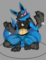  2023 abs anthro athletic blue_body blue_fur breasts claws crouching elchuydra female finger_claws fur generation_4_pokemon grey_background hi_res hina_(elchuydra) looking_at_viewer lucario midriff multicolored_body multicolored_fur muscular muscular_anthro muscular_female muscular_thighs nintendo paws pokemon pokemon_(species) purple_eyes simple_background small_breasts solo two_tone_body two_tone_fur 