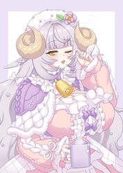  ;o animal_ears bell blunt_bangs blush border bow breasts capelet center_frills cleavage commentary cup dress english_commentary esila_shephield female frilled_dress frills fur-trimmed_dress fur_trim gloves hair_intakes hairbow hat highres holding holding_cup horns huge_breasts long_sleeves neck_bell nexas_(vtuber) one_eye_closed open_mouth pink_dress puffywaffles purple_border purple_bow purple_hair sheep_ears sheep_horns sidelocks sleeves_past_elbows solo teabag teeth tongue upper_teeth_only virtual_youtuber white_background white_bow white_capelet white_gloves white_hat yellow_eyes 