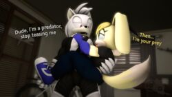  16:9 3d_(artwork) adam_(juicyducksfm) anthro bedroom blue_eyes bodysuit canid canine canis clothed clothing dialogue digital_media_(artwork) duo english_text eye_contact fan_character fur gloves handwear hi_res holding_another hug juicyducksfm lagomorph leporid looking_at_another male male/male mammal muscular muscular_male rabbit red_eyes sega skinsuit sonic_the_hedgehog_(series) source_filmmaker_(artwork) text tight_clothing tongue tongue_out vivi_(not-so-violet) white_body white_fur widescreen wolf yellow_body yellow_fur 