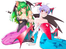  2girls absurdres ahoge animal_print bat_print black_footwear black_leotard blue_nails breasts bridal_gauntlets clothing_cutout collaboration demon_wings effy_neprin flat_chest getinthegustaff green_hair head_wings heart_cutout highres leotard lilith_aensland looking_at_viewer medium_breasts morrigan_aensland multiple_girls pantyhose pointy_ears print_pantyhose purple_hair purple_pantyhose red_eyes red_leotard siblings simple_background sisters smile strapless strapless_leotard vampire_(game) white_background wings 