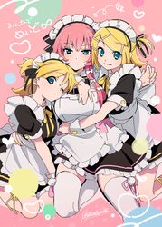  3girls :3 alternate_costume alternate_hair_length alternate_hairstyle apron aqua_eyes arm_over_shoulder black_dress blonde_hair blue_eyes commentary crossdressing dress enmaided facing_viewer feet_out_of_frame frilled_apron frilled_dress frills genderswap_(mtf) hair_over_shoulder hand_on_another&#039;s_back hand_on_another&#039;s_stomach highres hug hug_from_behind kagamine_len kagamine_lenka kagamine_rin kneehighs kneeling light_frown long_hair looking_at_viewer maid maid_headdress medium_hair megurine_luka multiple_girls neck_ribbon one_eye_closed one_side_up parted_hair pink_background pink_hair pink_trim ribbon rule_63 sandwiched satou_asuka short_sleeves signature sleeve_cuffs socks split_mouth sweatdrop three_quarter_view translated twitter_username vocaloid white_apron white_socks white_wrist_cuffs wing_collar wrist_cuffs yellow_ribbon yellow_trim 