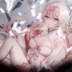  arcaea breasts cleavage cleavage_cutout clothing_cutout female highres hikari_(arcaea) hikari_(fatalis)_(arcaea) long_hair medium_breasts philleh_(chickkeenn) pink_hair red_eyes solo 