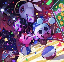  ball beachball blue_eyes blush_stickers bow bowtie cackling_painting circus_kirby clown confetti copy_ability crazy_smile dark_background dark_persona empty_eyes fangs gooey_(kirby) halo hat horror_(theme) jester_cap juggling kirby kirby_(series) kirby_super_star light marx_(kirby) mister_anglep one-eyed open_mouth perot poison_mash propeller_(kirby) purple_eyes red_bow red_bowtie red_eyes scarfy smile stage stage_lights suyasuyabi tongue tongue_out twitter_username waddle_doo watermark wings zero_two_(kirby) 