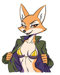  anthro bikini black_nose breasts canid canine clothed clothing eyelashes f4ephantomii female fluffy fluffy_tail fox fur gachimuchi gold_bikini golden_week inner_ear_fluff jacket looking_at_viewer makeup mammal markings mouth_closed multicolored_body open_clothing open_jacket open_topwear orange_body orange_fur partially_clothed pose small_breasts smile smiling_at_viewer solo swimwear tail topwear tuft two_tone_body white_body white_fur 