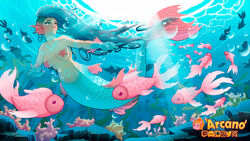  16:9 5_fingers anthozoan anthro arcanelynx asterozoan blue_body blue_eyes blue_hair breasts cnidarian coral coral_reef covered_breasts digital_drawing_(artwork) digital_media_(artwork) echinoderm female fin fingers fish fish_tail hair humanoid long_hair marine markings merfolk multicolored_body mythology pink_body renna_(arcane_lynx) scales sea solo split_form starfish starfish_(accessory) starfish_bra swimming tail underwater water white_body widescreen 