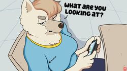  16:9 2023 4k absurd_res angry_birds annoyed anthro black_bottomwear black_clothing black_eyes blue_clothing blue_shirt blue_t-shirt blue_topwear bluey_(series) bottomwear breasts brown_hair brown_nose canid canine canis cellphone chair chow_chow clothed clothing digital_media_(artwork) domestic_dog electronics english_text female fur furniture gaming hair half-closed_eyes hi_res high-angle_view holding_cellphone holding_object holding_phone inside judo_(bluey) looking_at_viewer mammal multicolored_body multicolored_clothing multicolored_fur multicolored_shirt multicolored_t-shirt multicolored_topwear narrowed_eyes on_chair phone playing playing_video_game reddoshirousagi06 rovio_entertainment sega shirt sitting sitting_on_chair solo spitz t-shirt table tan_body tan_fur teeth text three-quarter_view topwear two_tone_body two_tone_clothing two_tone_fur two_tone_shirt two_tone_t-shirt two_tone_topwear white_body white_ears white_fur widescreen yellow_clothing yellow_shirt yellow_t-shirt yellow_topwear 