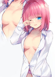  blue_eyes blunt_bangs breasts commentary_request female go-toubun_no_hanayome hair_down highres large_breasts long_sleeves looking_at_viewer medium_hair nakano_nino open_mouth panties partially_unbuttoned pink_hair purple_panties rubbing_eyes underwear waking_up white_background yuzuki4no zoom_layer 