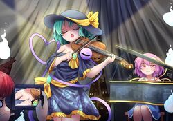  3girls :3 :o alternate_costume animal_ears black_curtains black_dress black_hat blue_dress bow_(music) breasts cat_ears cleavage closed_eyes collarbone crystal dress floral_print frilled_sleeves frills grand_piano green_hair hat hat_ribbon highres hitodama instrument kaenbyou_rin koishi_day komeiji_koishi komeiji_satori multiple_girls music oerba_yun_fang off-shoulder_dress off_shoulder piano pink_hair playing_instrument playing_piano recording red_eyes red_hair ribbon rion_(user_ufvg8527) rose_print short_hair short_sleeves sitting small_breasts spaghetti_strap standing strapless strapless_dress sun_hat tablet_pc touhou violin yellow_ribbon 