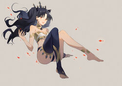  absurdres asymmetrical_legwear asymmetrical_sleeves barefoot detached_sleeves elbow_gloves fate/grand_order fate_(series) feet female gloves highres ishtar_(fate) jewelry long_legs neck_ring parted_bangs single_detached_sleeve single_elbow_glove single_sleeve single_thighhigh solo thighhighs toeless_legwear two_side_up uneven_legwear uneven_sleeves yorukun 