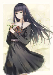  absurdres black_dress black_hair commission cowboy_shot dress female floating_hair floral_background flower flowers_(innocent_grey) fuyuno_yuuki green_eyes highres holding holding_flower lily_(flower) long_hair orange_ribbon parted_lips pixiv_commission ribbon school_uniform shirahane_suou solo 