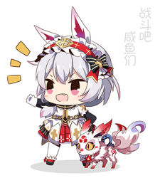  :d animal_ears chibi female fox fox_ears gloves highres higokumaru honkai_(series) honkai_impact_3rd kexi_shi_ge_hentai long_sleeves nun oerba_yun_fang open_mouth pink_eyes side_ponytail simple_background smile solo standing theresa_apocalypse theresa_apocalypse_(sakuno_rondo) white_background white_gloves white_hair 