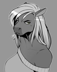  2020 anthro breasts bust_portrait cigarette clothing digital_drawing_(artwork) digital_media_(artwork) equid equine eyebrows female grey_background hair hi_res horse long_hair looking_at_viewer mammal monochrome portrait simple_background smoking smoking_cigarette solo topwear zeekzag 