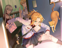  3girls absurdres artoria_pendragon_(fate) artoria_pendragon_(lancer)_(fate) bag bag_charm black_dress black_skirt black_socks blonde_hair braid bread bread_slice breasts charm_(object) choker cleavage collared_shirt commentary doorway dress dress_shirt family fate/apocrypha fate/grand_order fate_(series) feline film_grain food food_in_mouth green_eyes grey_hair hair_between_eyes half_up_braid highres jacket jumping kneehighs ladle late_for_school light_particles long_hair long_sleeves looking_at_viewer miniskirt mordred_(fate) mordred_(fate/apocrypha) morgan_le_fay_(fate) mother_and_daughter mouth_hold multiple_girls open_mouth pleated_skirt ponytail saber_lion satchel school_uniform scrunchie shirt siblings sidelocks sisters skirt sleeveless sleeveless_dress socks symbol-only_commentary toast toast_in_mouth waving white_jacket white_shirt wife_and_wife yorukun yuri 