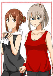  2girls absurdres alternate_hairstyle black_shirt black_shorts blue_eyes border breasts brown_eyes brown_hair cleavage commentary girls_und_panzer grey_hair hair_tie hair_up highres holding holding_towel itsumi_erika light_frown looking_at_viewer medium_breasts medium_hair multiple_girls natsume_mina nishizumi_miho open_mouth red_border red_shirt shirt short_hair short_ponytail shorts single_vertical_stripe sleeveless sleeveless_shirt sportswear standing sweat tank_top towel towel_around_neck 