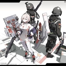  2boys armor breasts character_name circle_a commentary_request female fingerless_gloves fsb girls&#039;_frontline gloves griffin_&amp;_kryuger gun hand_on_own_hip handgun helmet holding holding_gun holding_weapon holster jacket jacket_on_shoulders looking_at_viewer meme_attire multiple_boys night_vision_device no_bra police police_uniform rmb-93 rmb-93_(girls&#039;_frontline) russian_flag russian_text shield shield_module short_hair shotgun shotgun_shell sideboob simple_background star_(symbol) tactical_clothes thigh_holster thighhighs translated trigger_discipline uniform virgin_killer_sweater weapon white_hair zettai_ryouiki 