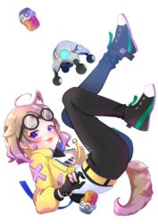  absurdres animal_ear_fluff animal_ears black_footwear black_gloves black_pants blush cosplay dog_ears dog_girl explosive eyewear_on_head female floating glasses gloves grenade highres indie_virtual_youtuber jacket killjoy_(valorant) killjoy_(valorant)_(cosplay) komai_ruru oerba_yun_fang open_mouth pants partially_fingerless_gloves purple_eyes re_mistar round_eyewear shirt shoes sneakers solo valorant virtual_youtuber white_shirt yellow_jacket 