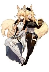  2girls alcohol animal_ear_fluff animal_ears arknights arm_around_shoulder armor armored_boots aunt_and_niece beer beer_mug belt black_footwear black_legwear blemishine_(arknights) blonde_hair boots chinese_commentary closed_eyes commentary cup drinking drunk english_commentary extra_ears full_body gauntlets hat highres holding holding_cup horse_ears horse_girl horse_tail long_hair looking_at_viewer mixed-language_commentary mug multiple_belts multiple_girls nervous nervous_smile oerba_yun_fang open_mouth short_eyebrows sidelocks simple_background sitting skin_fang smile tail taziku thighhighs thighs v-shaped_eyebrows whislash_(arknights) white_background yellow_eyes zettai_ryouiki 