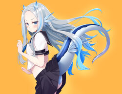  ass bad_id bad_pixiv_id black_skirt blue_eyes blue_hair blush breasts commentary_request female forehead from_side frown grey_hair horns inconvenient_tail lifted_by_tail long_hair mofu_namako multicolored_hair orange_background original panties parted_bangs photoshop_(medium) pleated_skirt school_uniform serafuku shirt short_sleeves simple_background skirt small_breasts solo tail tail_raised two-tone_hair underwear very_long_hair white_panties white_shirt 