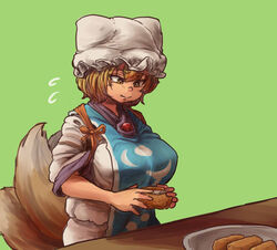  animal_hat bad_id bad_pixiv_id blonde_hair breasts chanta_(ayatakaoisii) dress female food fox_tail green_background hat holding holding_food inarizushi large_breasts mob_cap multiple_tails plate short_hair simple_background smile solo sushi tabard tail touhou white_dress yakumo_ran 