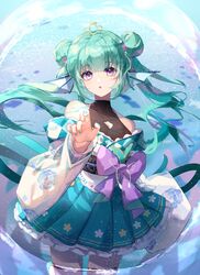  :o a_ji bow breasts cleavage cleavage_cutout clothing_cutout collarbone double_bun female finana_ryugu finana_ryugu_(2nd_costume) fins fish_girl green_hair green_nails green_skirt hair_bun head_fins head_tilt highres japanese_clothes kimono medium_breasts nijisanji nijisanji_en obi off_shoulder open_hand open_mouth purple_bow purple_eyes sash skirt solo tiara twintails virtual_youtuber white_kimono 