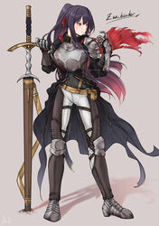  absurdres alternate_costume alternate_hairstyle armor armored_boots boots breastplate chainmail female full_body gauntlets girls&#039;_frontline greatsword highres long_hair pants pauldrons ponytail purple_hair red_eyes shoulder_armor sidelocks single_pauldron solo standing stigmamyu sword wa2000_(girls&#039;_frontline) weapon white_pants 