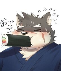  absurd_res anthro asian_clothing blush canid canine canis cheek_bulge clothing domestic_dog east_asian_clothing ehomaki eyebrows food hi_res japanese_clothing kimono lifewonders makizushi male mammal moritaka_(tas) scar setsubun solo struggling sushi thick_eyebrows tokyo_afterschool_summoners zuboboz 