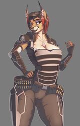  ammo_belt ammunition anthro apex_legends armor ashley_(mutagen) belt big_breasts biped breasts camel_toe caracal caracal_(genus) choker claws clothed clothing digital_media_(artwork) electronic_arts felid feline female hair hi_res jewelry mammal necklace open_clothing open_shirt open_topwear paws plate_armor portrait red_eyes red_hair respawn_entertainment roder shirt smile smiling_at_viewer solo three-quarter_portrait topwear 