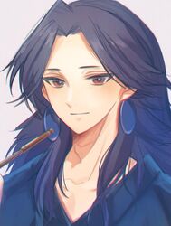  1boy blue_hair blue_robe blush brown_eyes chromatic_aberration earrings jewelry lanxi_zhen laojun_(the_legend_of_luoxiaohei) long_hair looking_at_viewer luo_xiaohei_zhanji male_focus robe shadow smile smoking_pipe solatky solo 