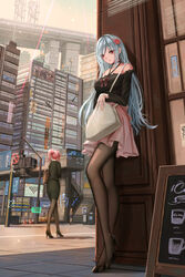  3girls bag bare_shoulders black_footwear black_legwear blue_eyes bridge building business_suit car chalkboard closed_mouth cup cyberpunk drone earrings formal frilled_sleeves frills hair_ornament handbag high_heels highres jewelry kasane_randall leaning_back leg_up long_hair long_legs miniskirt motor_vehicle multiple_girls office_lady pantyhose pencil_skirt pink_hair pink_skirt ponytail red_eyes ribbon ring road road_sign scarlet_nexus sign skirt stairs standing street suit traffic_cone very_long_hair window yuzuriha_(atelier_liang) 