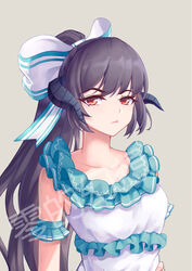  beige_background black_hair blue_dress bow breasts brown_eyes chinese_commentary collarbone commentary dragon_horns dress female frills frown green_bow horns large_bow large_breasts ling_huanxiang long_hair looking_at_viewer original ponytail simple_background solo two-tone_bow white_bow 