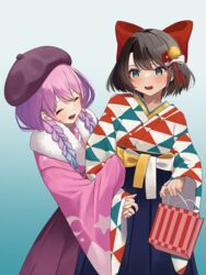  2girls absurdres arm_hug blush brown_hair hakama hakama_skirt highres himemori_luna himemori_luna_(new_year) hololive japanese_clothes kimono long_hair looking_at_another multiple_girls oozora_subaru oozora_subaru_(new_year) purple_hair skirt sl10_d virtual_youtuber wide_sleeves yuri 