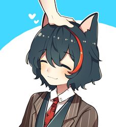  1boy ^_^ animal_ears black_hair blush closed_eyes closed_mouth dog_boy dog_ears english_commentary formal headpat indie_virtual_youtuber male_focus merry_(merryweather) monomogi multicolored_hair necktie protected_link red_hair shirt smile solo_focus streaked_hair suit upper_body vest virtual_youtuber 